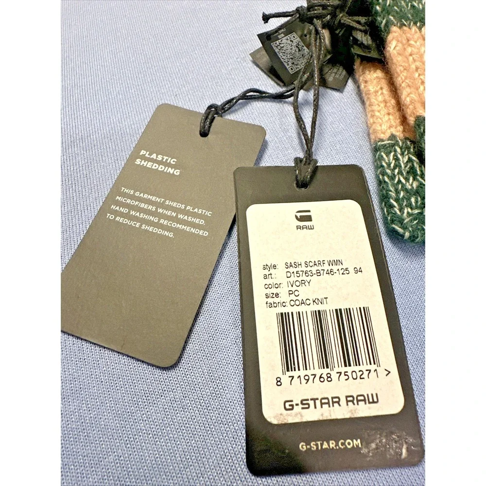 G-Star Raw Sash Soft Touch Coac Knit Scarf Ivory Stripe‎ Trim Organic Cotton